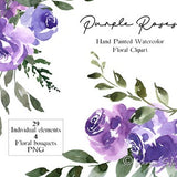 Purple Plum Watercolor Floral Clipart Roses Flowers Clip Art Invitations PNG Leaves Eucalyptus Loose Dark Purple Roses Printable Wallart
