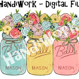 Watercolor mason jar clip art set: pastel jars with bright flowers and ribbons