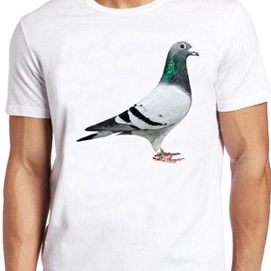 White T-shirt with colorful pigeon graphic on front