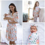 Mom Robe & Big Sister Girl Pajamas + Matching Baby Girl Swaddle Blanket Set /Maternity Delivery Robe /Baby Be Mine/ up to 8 years -Mila