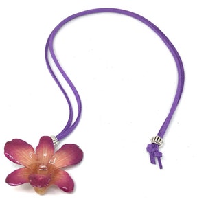 Mini orchid flower necklace with purple cord and red/purple bloom pendant