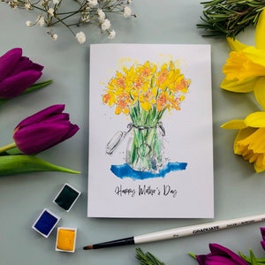 Happy Mother’s Day card with illustrated yellow daffodil bouquet on white front