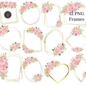 Set of 12 gold geometric frames with pink coral rose floral wreaths and shapes