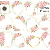12 Pink Coral Rose Floral Geometric Polygonal Frames | Gold & Flowers Clipart Frames | Design Elements | 12 PNG Frames | Instant Download