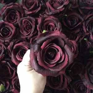 Artificial rose flower heads, dark burgundy clustered bouquet
