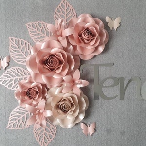 Pink and blush paper rose flowers with leaf cutouts wall decor bundle