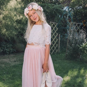 Blush lace crop top with short sleeves and long layered tulle skirt, flower-girl dress set