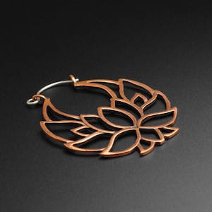 Copper-and-silver lotus flower plug hoop earrings