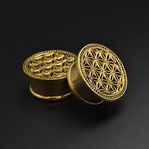 Brass flower of life double flare ear tunnel with circular engraved pattern, round openings