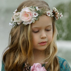 Floral flower crown for hair with pale pink and white blooms and greenery
