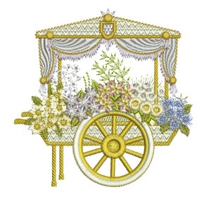 Machine embroidery flower cart with wagon wheel and floral garland, gold and pastel