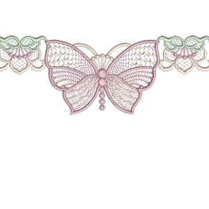 Butterfly and flower cutwork machine embroidery border design, pink butterfly with green accents