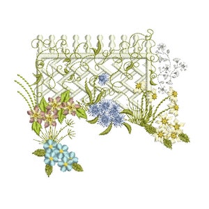 Embroidered garden scene with lattice arch, blue bird, and spring flowers
