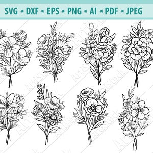 Black line art flower bouquet vector clipart set with multiple stemmed blooms