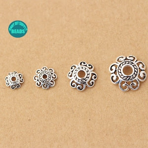 Sterling silver flower bead caps, 6–12 mm, decorative bead end caps (set of 4)