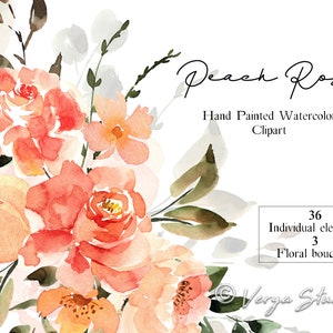 Watercolor floral clipart of coral peach roses with green leaves