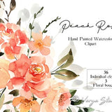 Peach Roses Watercolor Floral Clipart Loose Coral Flowers Orange Bridal Wedding Stationery Printable PNG Red Orange Yellow Leaves Clip Art