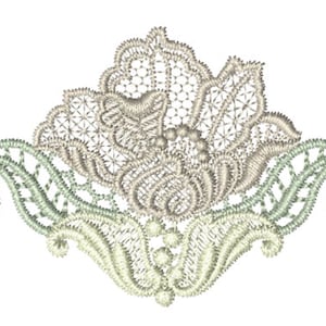 Antique flower lace embroidery motif with scalloped edge and detailed light beige flowers