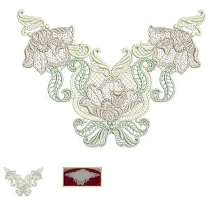 Floral lace machine embroidery design with central bouquet and mirrored scroll details