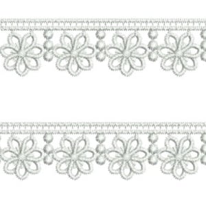 White flower lace trim with repeating embroidered floral motifs