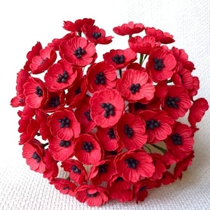 Red mulberry paper poppy flowers bouquet, small 20–25mm petals
