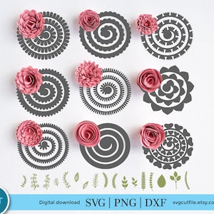 Rolled flower SVG bundle: pink rosette and spiral flower templates (SVG, PNG, DXF)