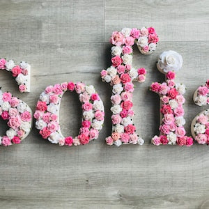 Pink and white rose flower letter name sign for nursery wall art