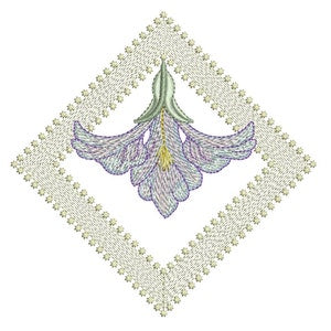 Art Nouveau flower frame embroidery design with blue-purple bloom and green center