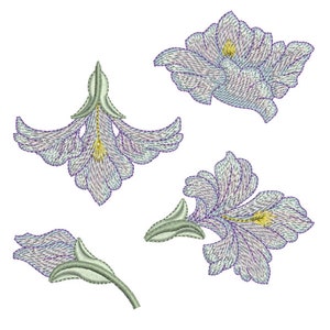 Floral embroidery design with blue-purple blossoms and green leaves