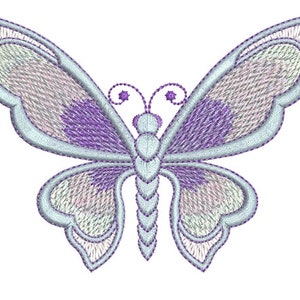 Art Nouveau butterfly embroidery design in purple and light blue with curled details