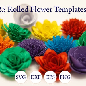 Rolled flower template set with multicolor rolled flowers and SVG, DXF, EPS, PNG icons