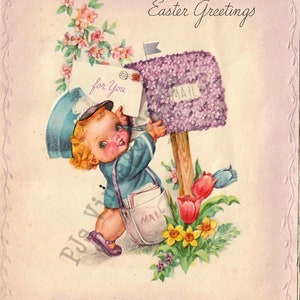 Vintage Easter greeting card with delivery girl holding a purple mailbox and spring flowers