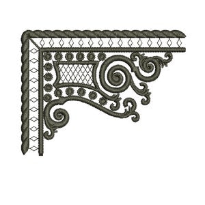 Decorative embroidery corner with wrought-iron scrollwork in dark thread