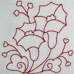 Redwork floral machine embroidery design with berries and vine outline motif