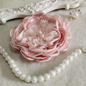 Dusty pink handmade singed fabric rose with pearl accents and pearl bead strand