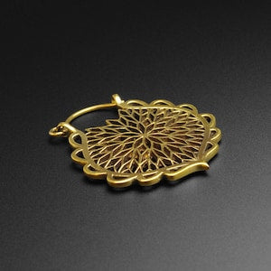 Brass flower drop plug hoops with ornate filigree petal design