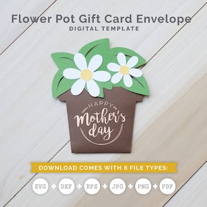 Mother's Day flower pot gift card envelope template with green bow and white daisies