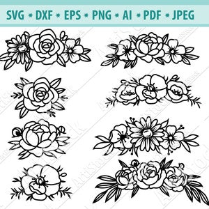Floral SVG set of black line flower wreaths and borders, multiple design outlines