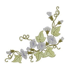 Machine embroidery floral design with gray flowers, green leaves, and gold accents