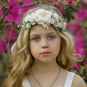 White floral flower crown tiara with layered roses and small blossoms headband