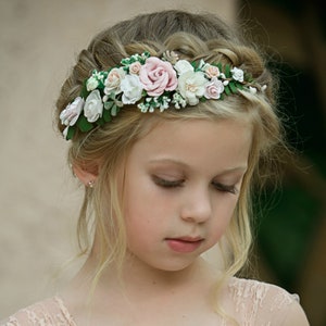Blush and white flower crown headband with small roses and daisies for girls