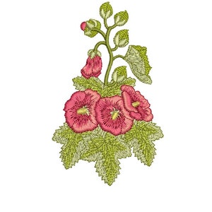 Machine-embroidered floral design with pink hollyhock flowers and green leaves