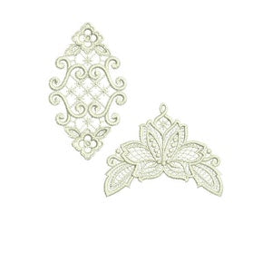 Lace machine embroidery design with two white floral motifs and corner scroll insert