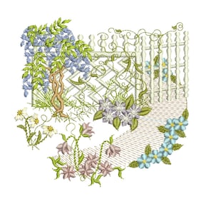 Machine embroidery design with lattice frame, leaves, vines, and blue flower accents