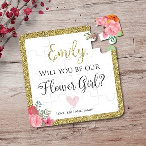 Floral jigsaw puzzle with gold glitter border, "Will you be our Flower Girl?"