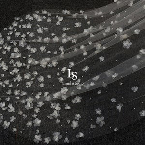 Floral bridal veil with 3D flower appliqués on sheer tulle
