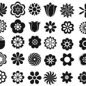 Flower SVG bundle with assorted black flower silhouettes and decorative cutout icons.