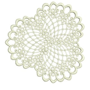 Small scalloped round lace doily with floral medallion pattern, free-standing