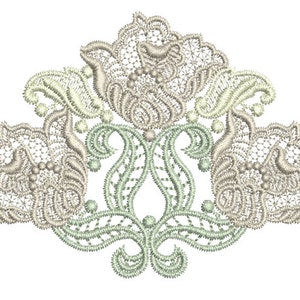 Antique flower lace embroidery motif in cream and sage green, symmetrical design