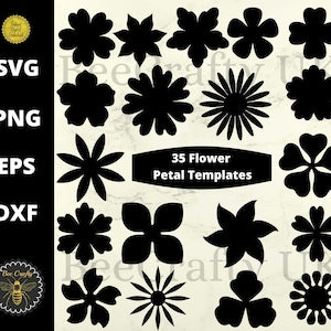 Bundle of black flower petal silhouette templates with 35 design cut files